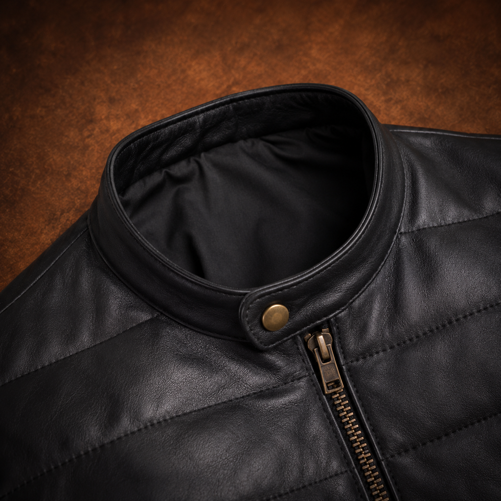 FINEHIDE MEN’S BLACK GENUINE LEATHER QUILTED BOMBER JACKET FOR  MEN