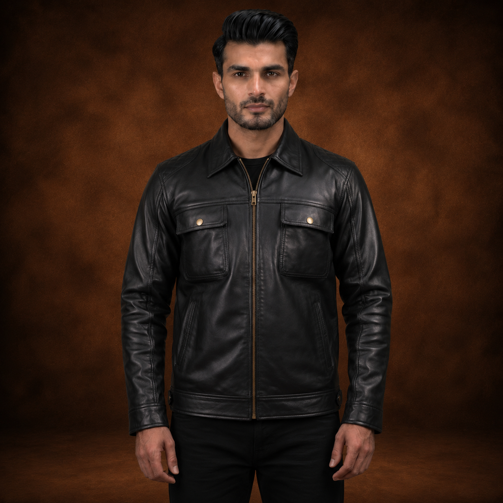 FINEHIDE MEN’S BLACK GENUINE LEATHER MULTI-POCKET JACKET FOR  MEN
