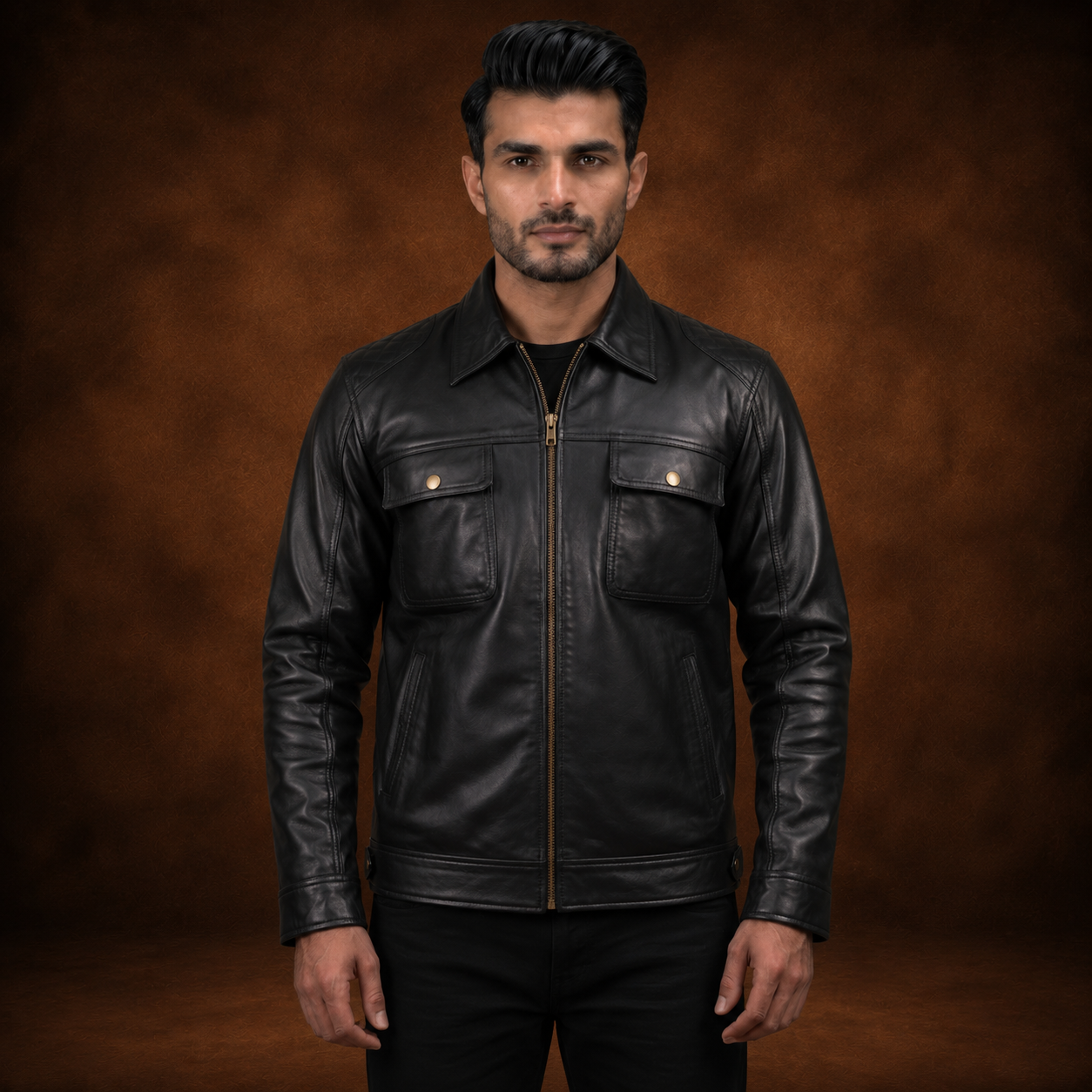 FINEHIDE MEN’S BLACK GENUINE LEATHER MULTI-POCKET JACKET FOR  MEN