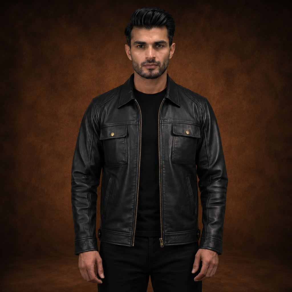 FINEHIDE MEN’S BLACK GENUINE LEATHER MULTI-POCKET JACKET FOR  MEN