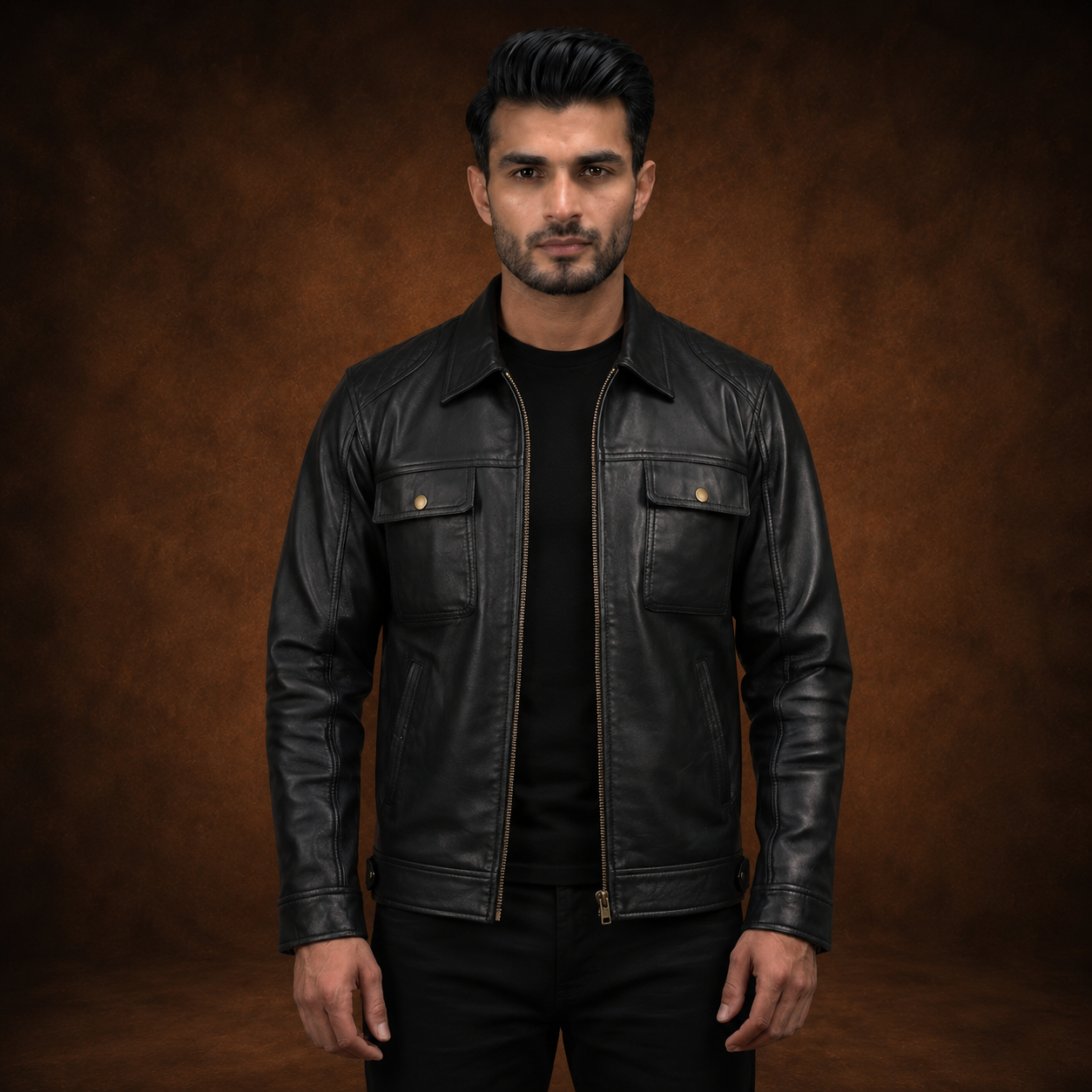 FINEHIDE MEN’S BLACK GENUINE LEATHER MULTI-POCKET JACKET FOR  MEN