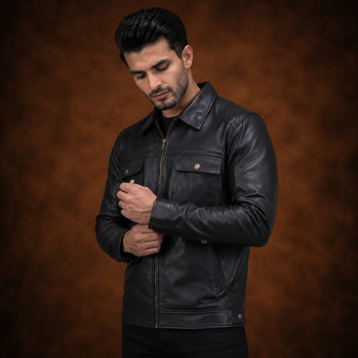 FINEHIDE MEN’S BLACK GENUINE LEATHER MULTI-POCKET JACKET FOR  MEN