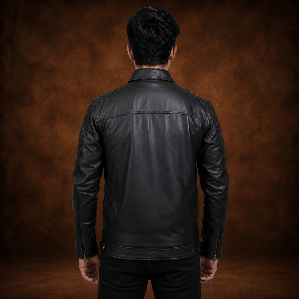 FINEHIDE MEN’S BLACK GENUINE LEATHER MULTI-POCKET JACKET FOR  MEN