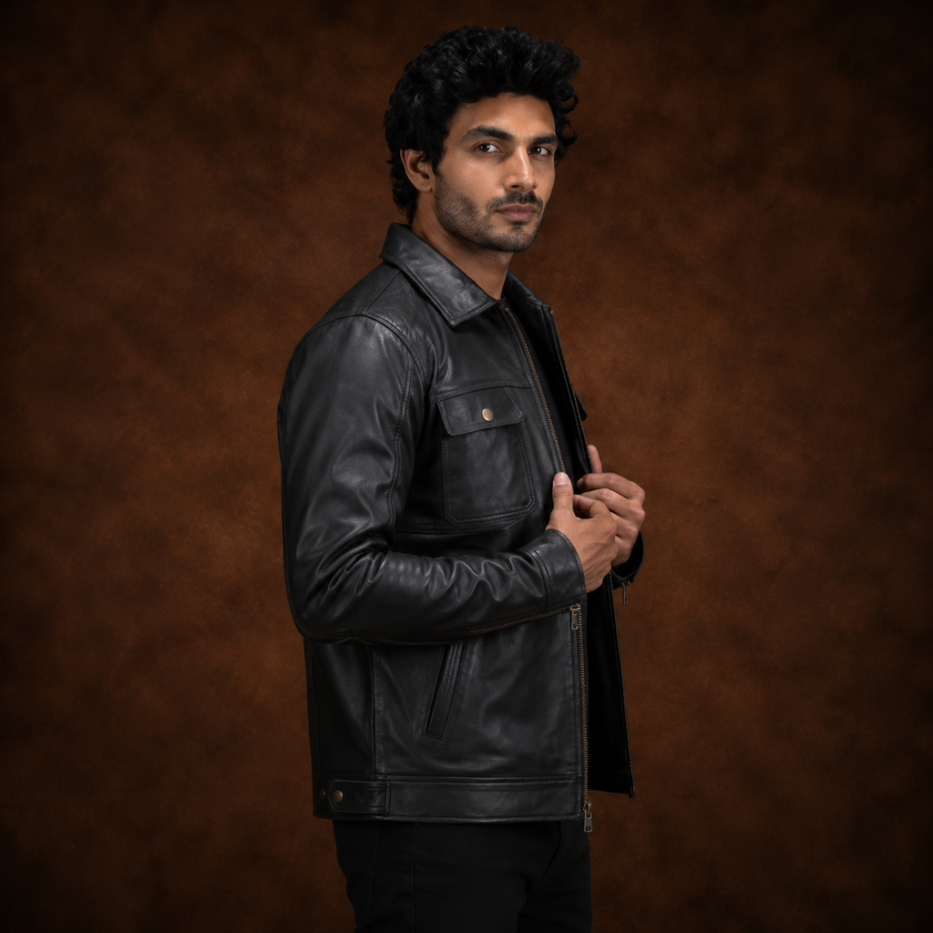 FINEHIDE MEN’S BLACK GENUINE LEATHER MULTI-POCKET JACKET FOR  MEN