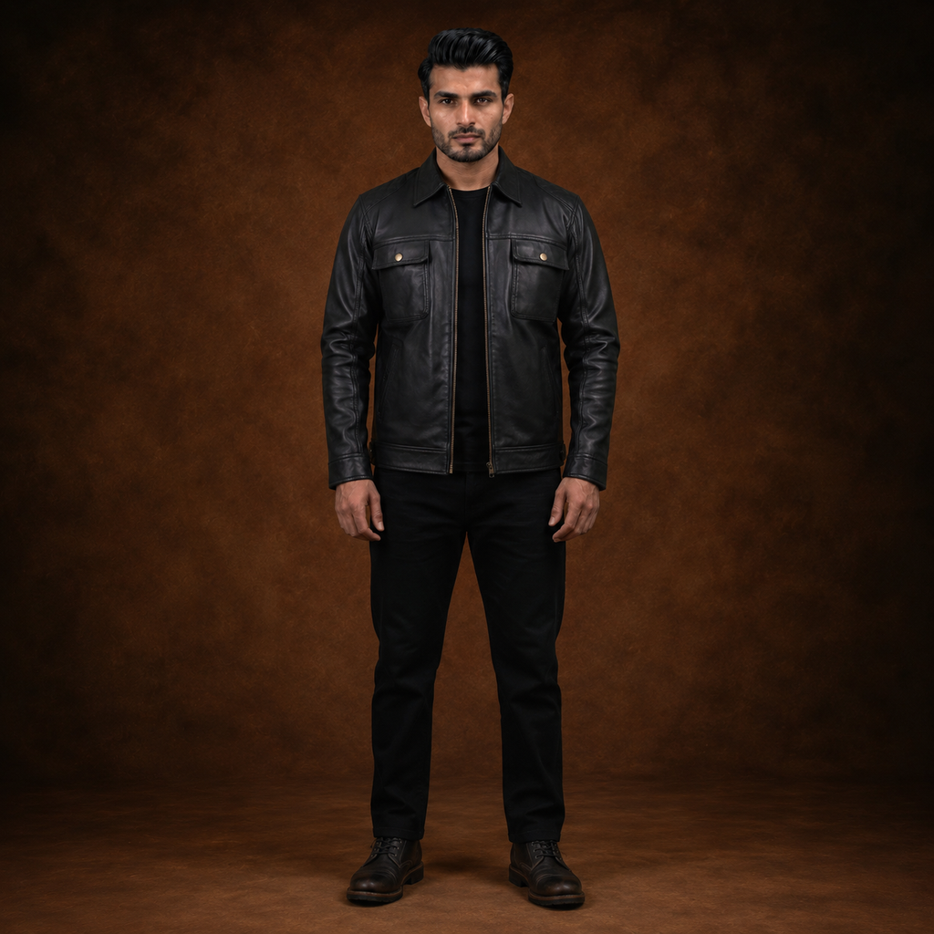 FINEHIDE MEN’S BLACK GENUINE LEATHER MULTI-POCKET JACKET FOR  MEN