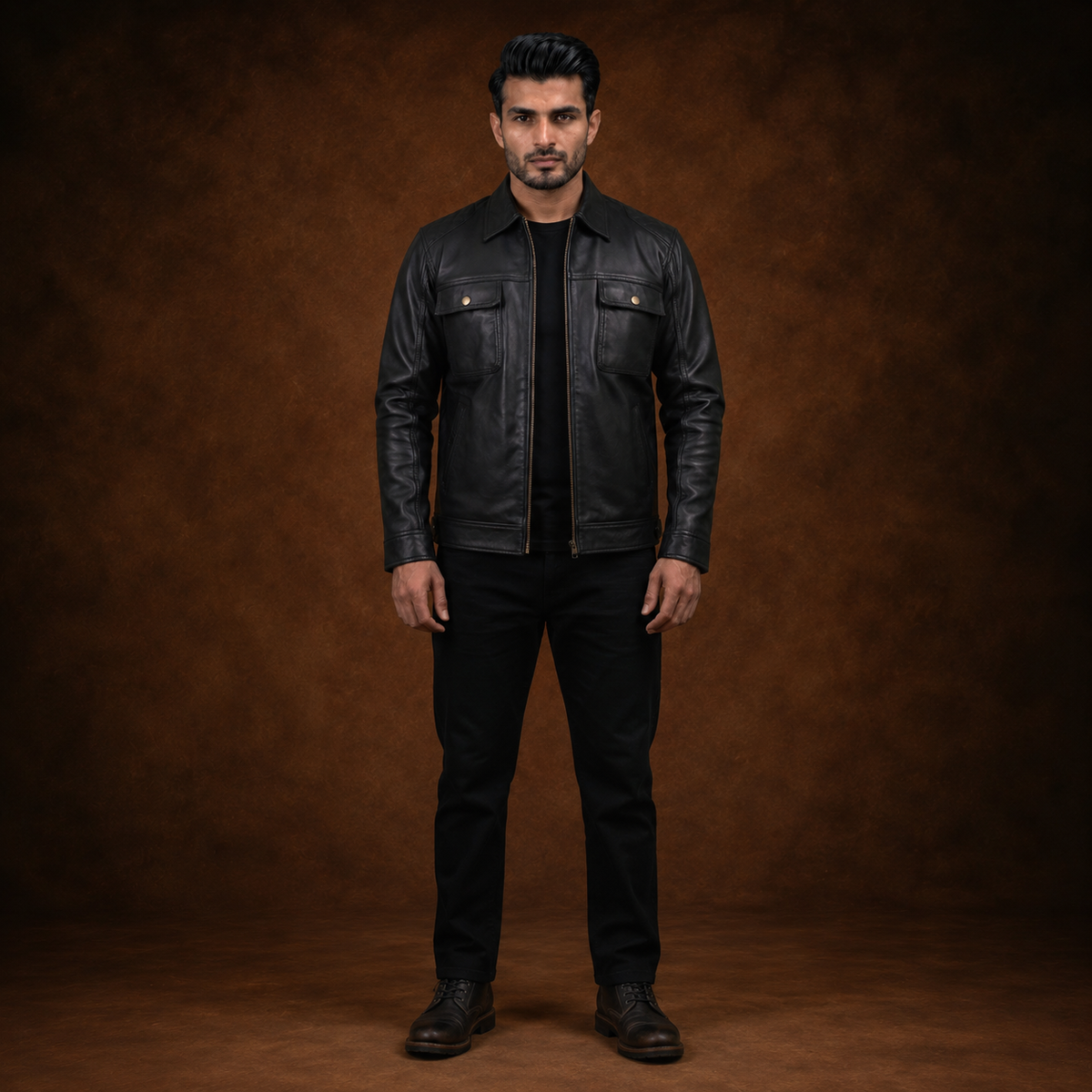 FINEHIDE MEN’S BLACK GENUINE LEATHER MULTI-POCKET JACKET FOR  MEN