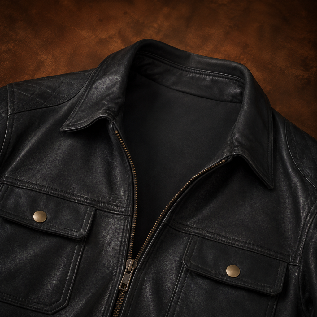 FINEHIDE MEN’S BLACK GENUINE LEATHER MULTI-POCKET JACKET FOR  MEN