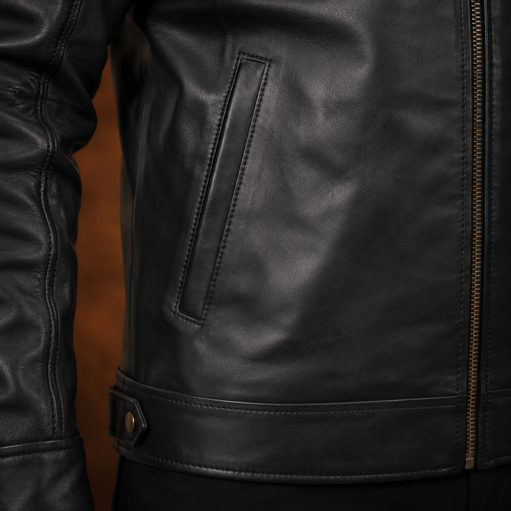 FINEHIDE MEN’S BLACK GENUINE LEATHER MULTI-POCKET JACKET FOR  MEN