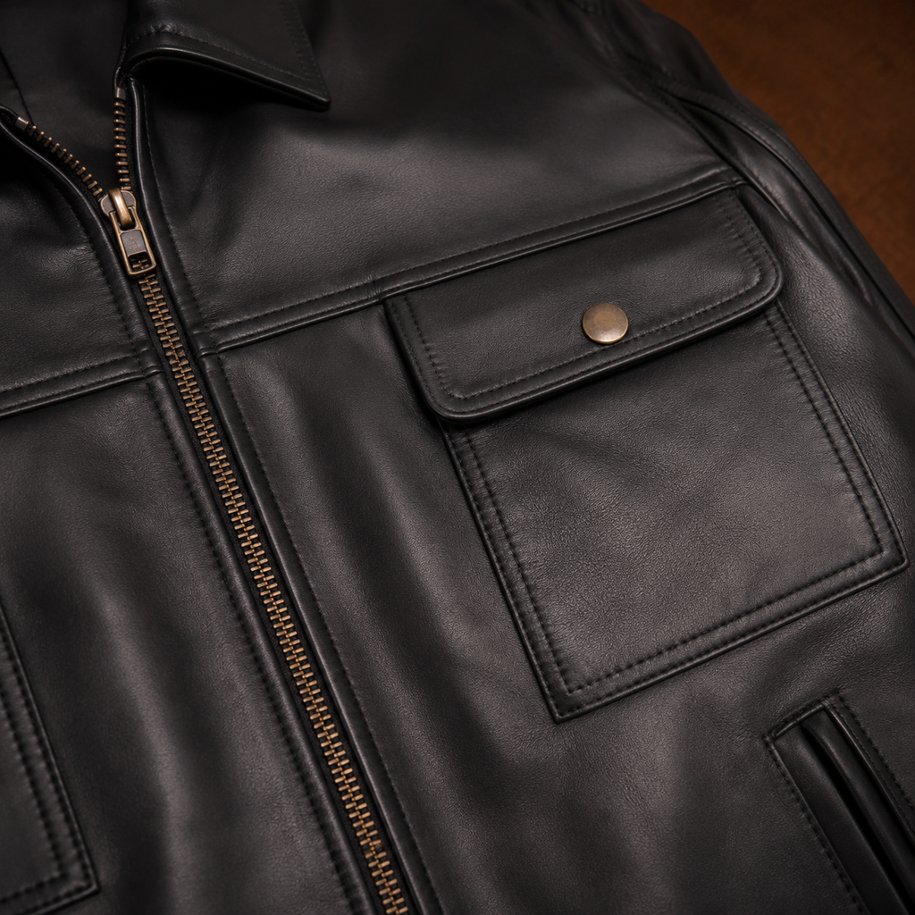FINEHIDE MEN’S BLACK GENUINE LEATHER MULTI-POCKET JACKET FOR  MEN