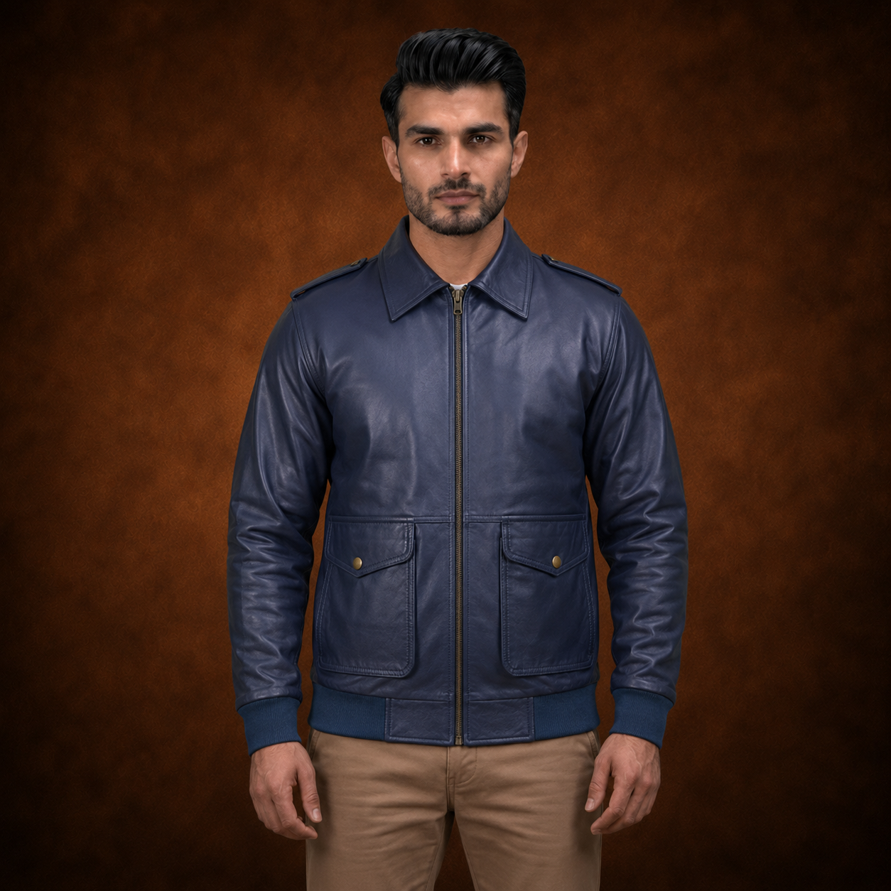 FINEHIDE NAVY BLUE BOMBER GENUINE LEATHER JACKET FOR MEN