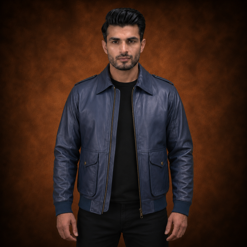 FINEHIDE NAVY BLUE BOMBER GENUINE LEATHER JACKET FOR MEN
