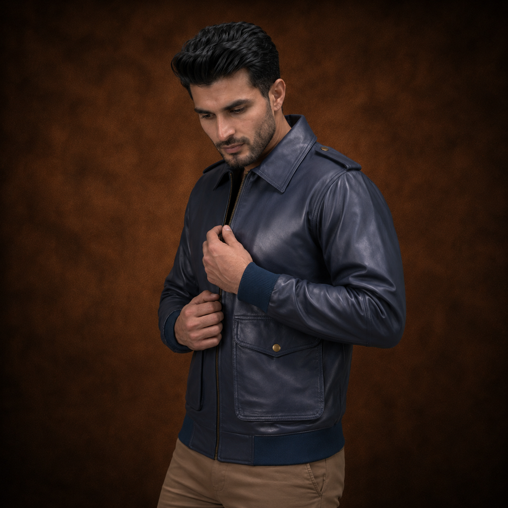 FINEHIDE NAVY BLUE BOMBER GENUINE LEATHER JACKET FOR MEN