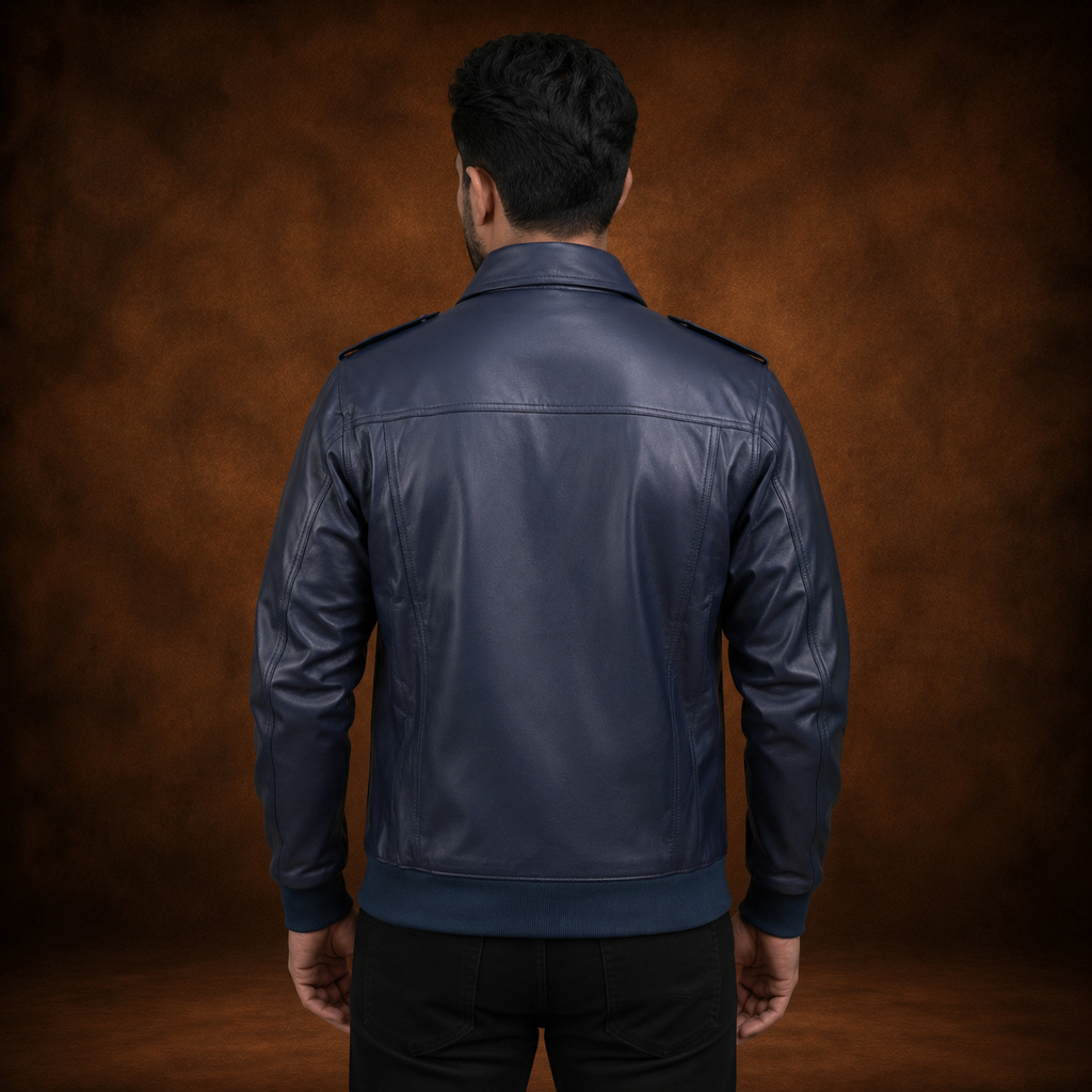 FINEHIDE NAVY BLUE BOMBER GENUINE LEATHER JACKET FOR MEN