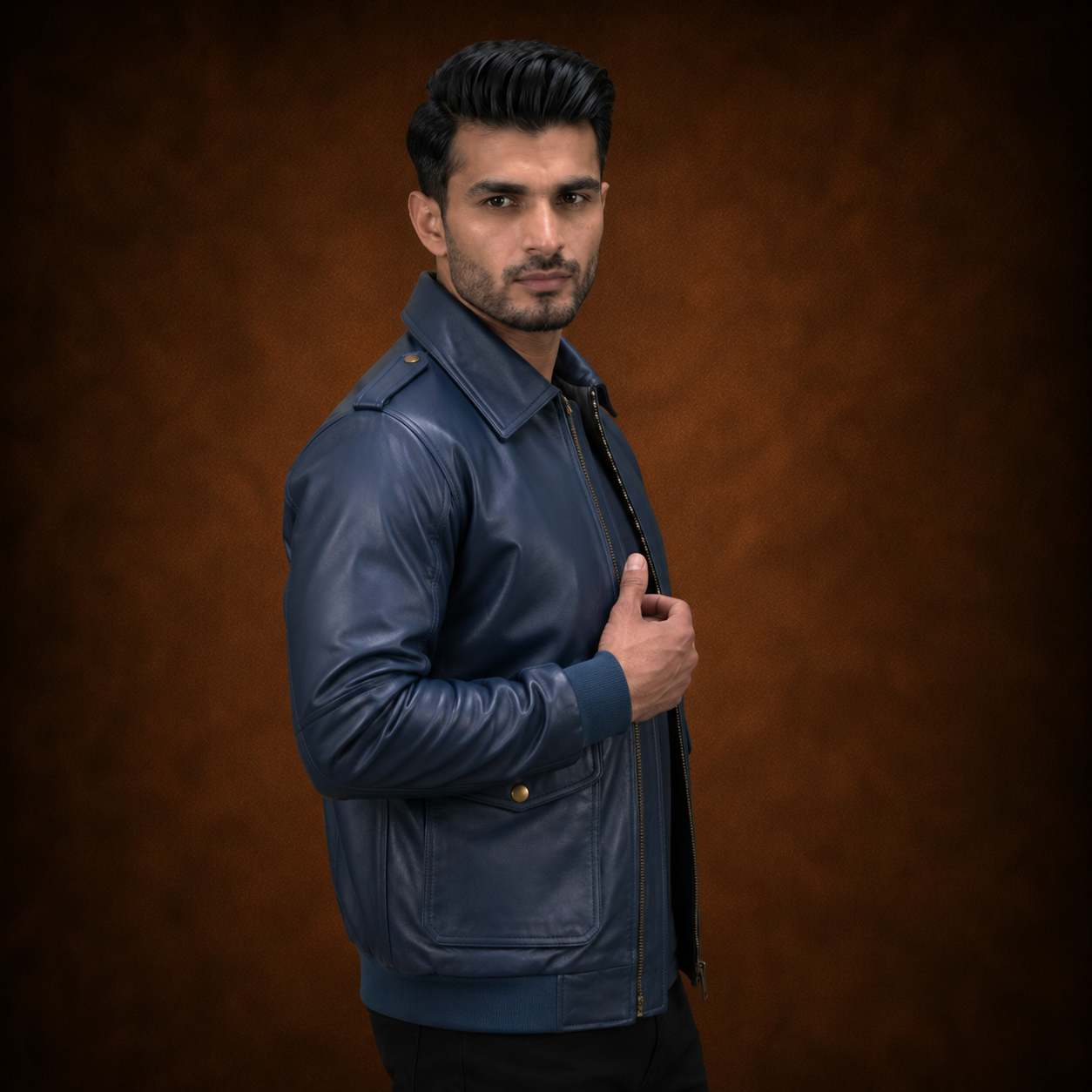 FINEHIDE NAVY BLUE BOMBER GENUINE LEATHER JACKET FOR MEN