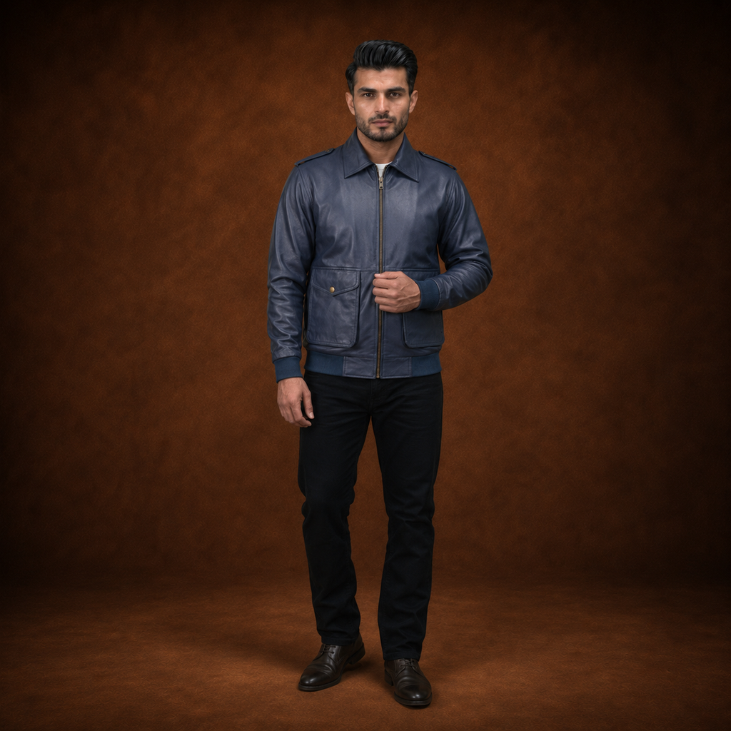 FINEHIDE NAVY BLUE BOMBER GENUINE LEATHER JACKET FOR MEN