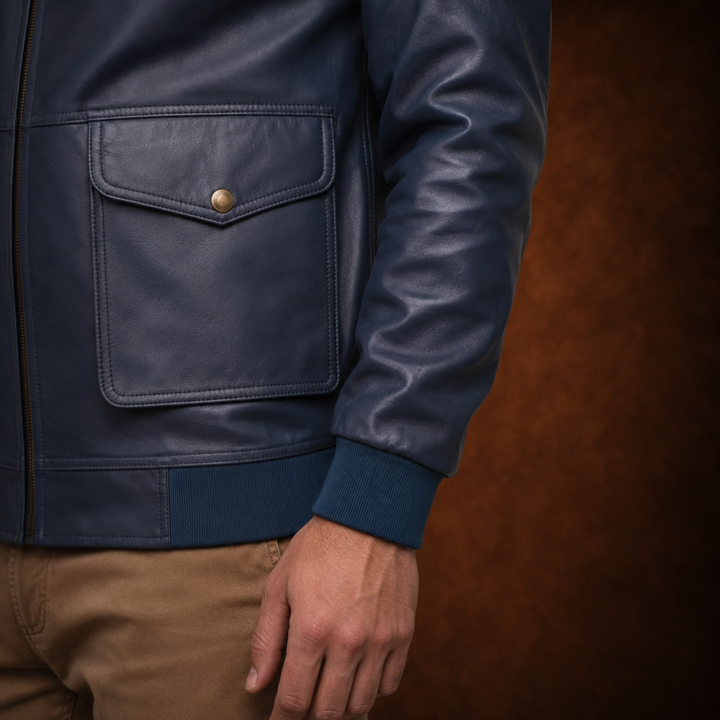 FINEHIDE NAVY BLUE BOMBER GENUINE LEATHER JACKET FOR MEN
