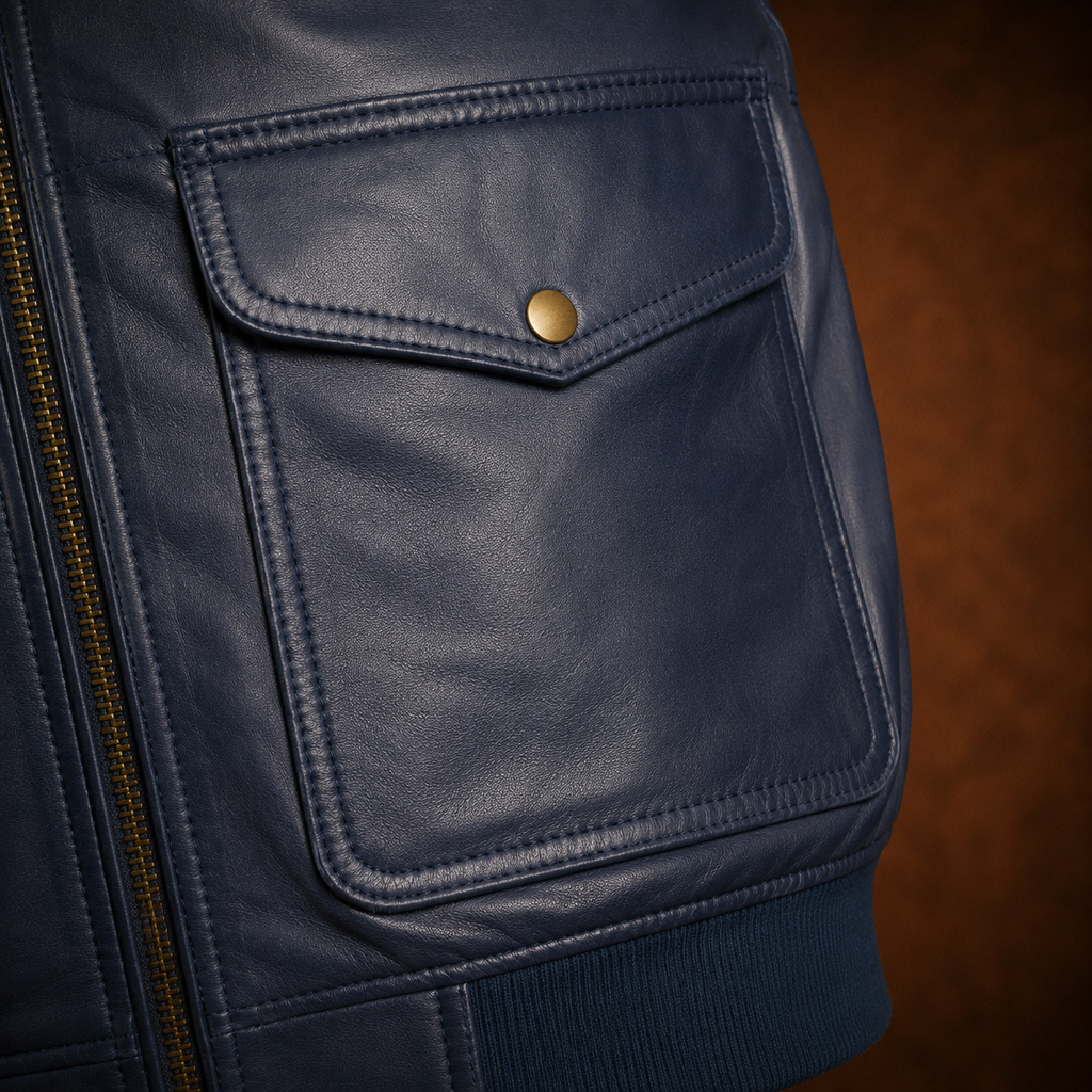 FINEHIDE NAVY BLUE BOMBER GENUINE LEATHER JACKET FOR MEN