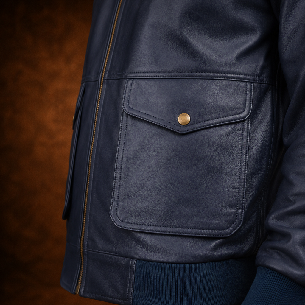 FINEHIDE NAVY BLUE BOMBER GENUINE LEATHER JACKET FOR MEN