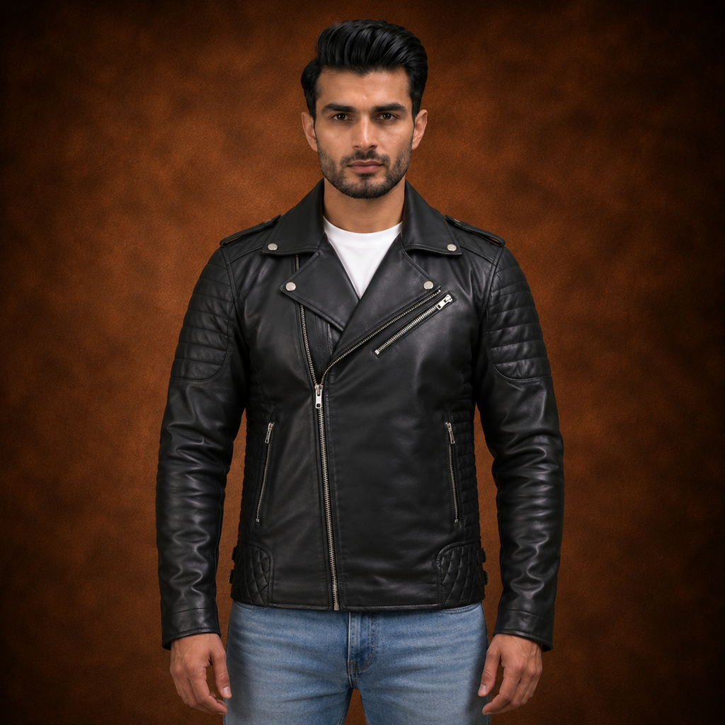 FINEHIDE MEN’S BLACK  BIKER GENUINE LEATHER JACKET FOR MEN