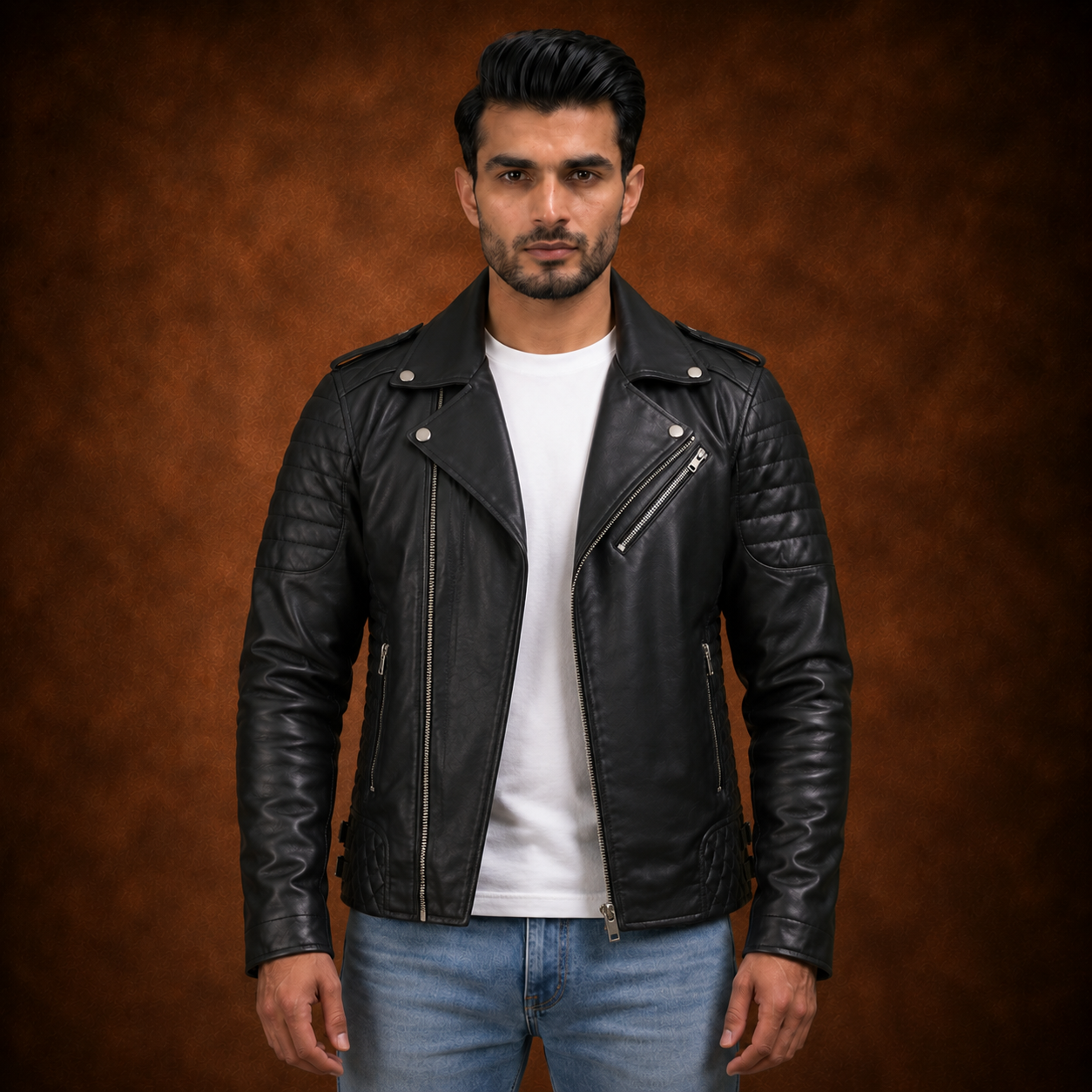 FINEHIDE MEN’S BLACK  BIKER GENUINE LEATHER JACKET FOR MEN