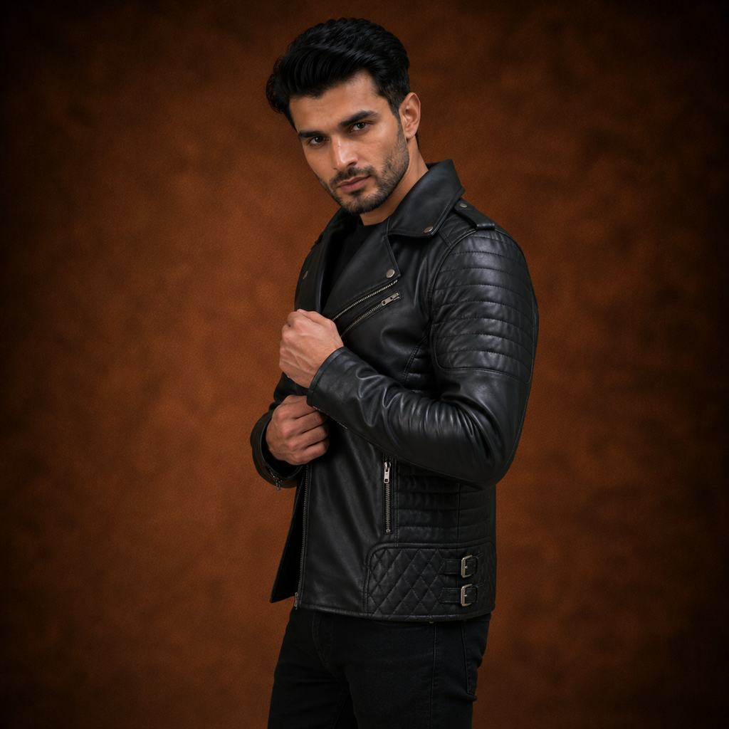 FINEHIDE MEN’S BLACK  BIKER GENUINE LEATHER JACKET FOR MEN