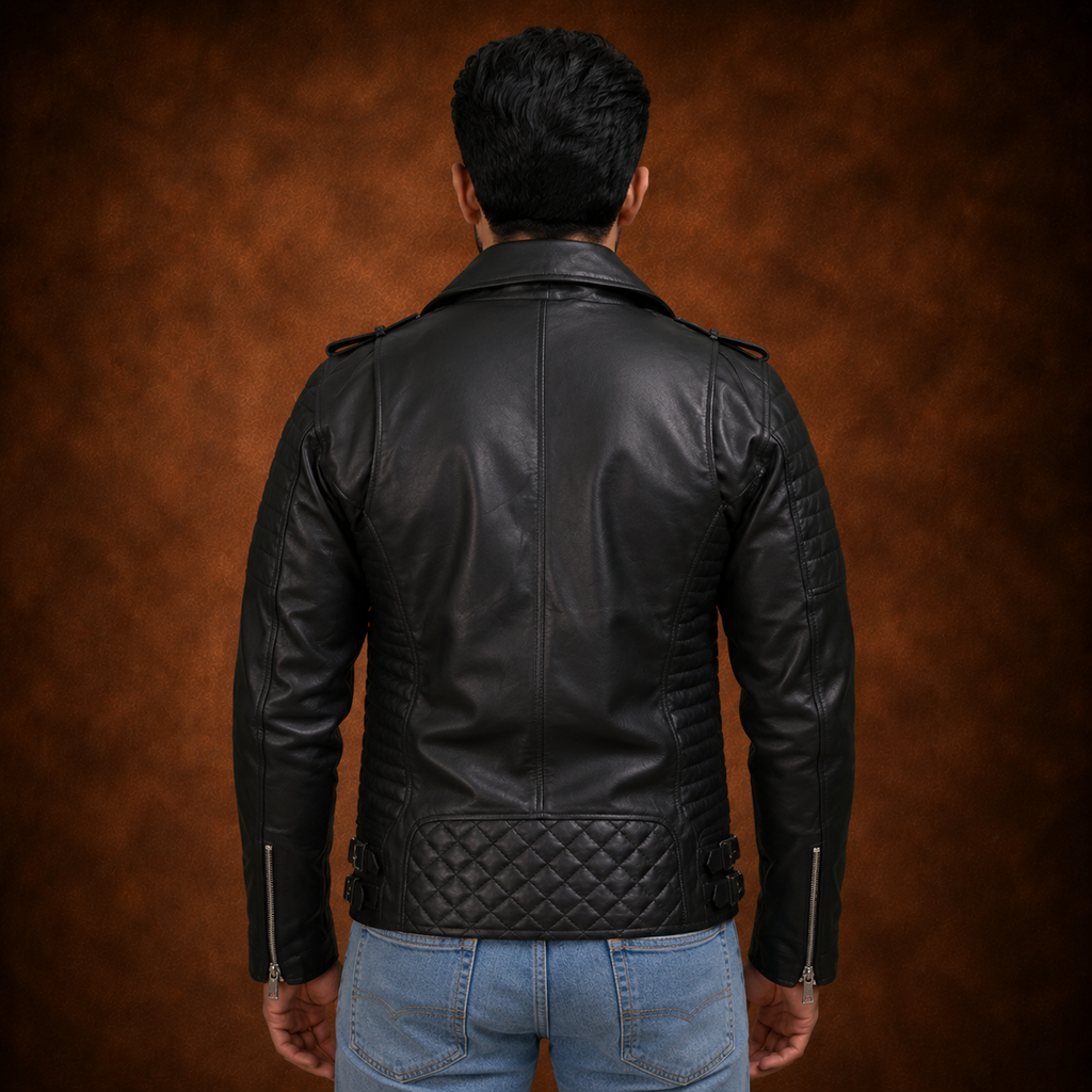 FINEHIDE MEN’S BLACK  BIKER GENUINE LEATHER JACKET FOR MEN