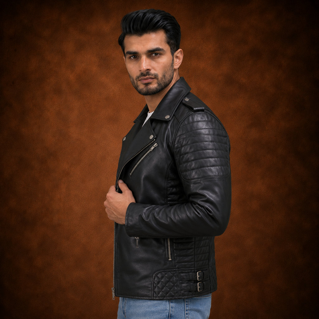 FINEHIDE MEN’S BLACK  BIKER GENUINE LEATHER JACKET FOR MEN