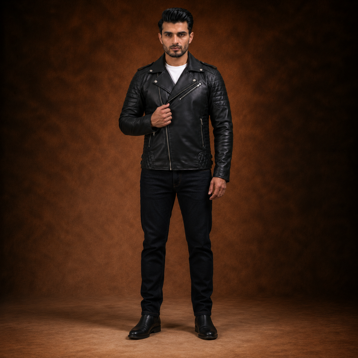 FINEHIDE MEN’S BLACK  BIKER GENUINE LEATHER JACKET FOR MEN