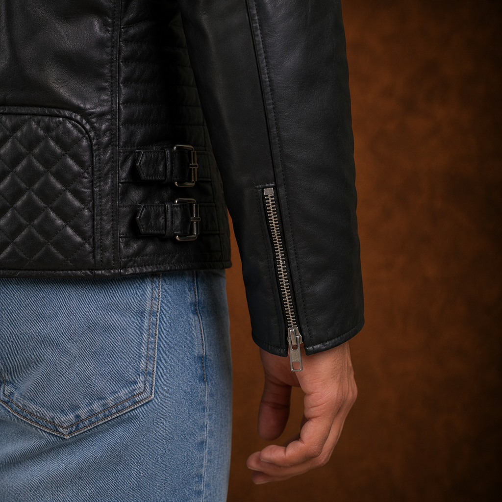 FINEHIDE MEN’S BLACK  BIKER GENUINE LEATHER JACKET FOR MEN