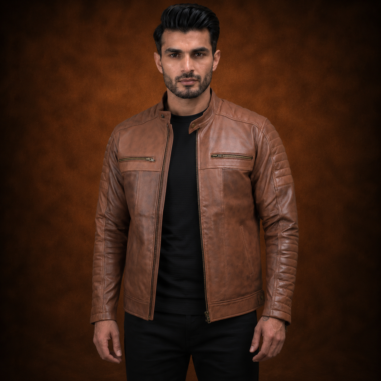FINEHIDE MEN’S RUSTIC BROWN GENUINE LEATHER CAFE RACER JACKET FOR MEN