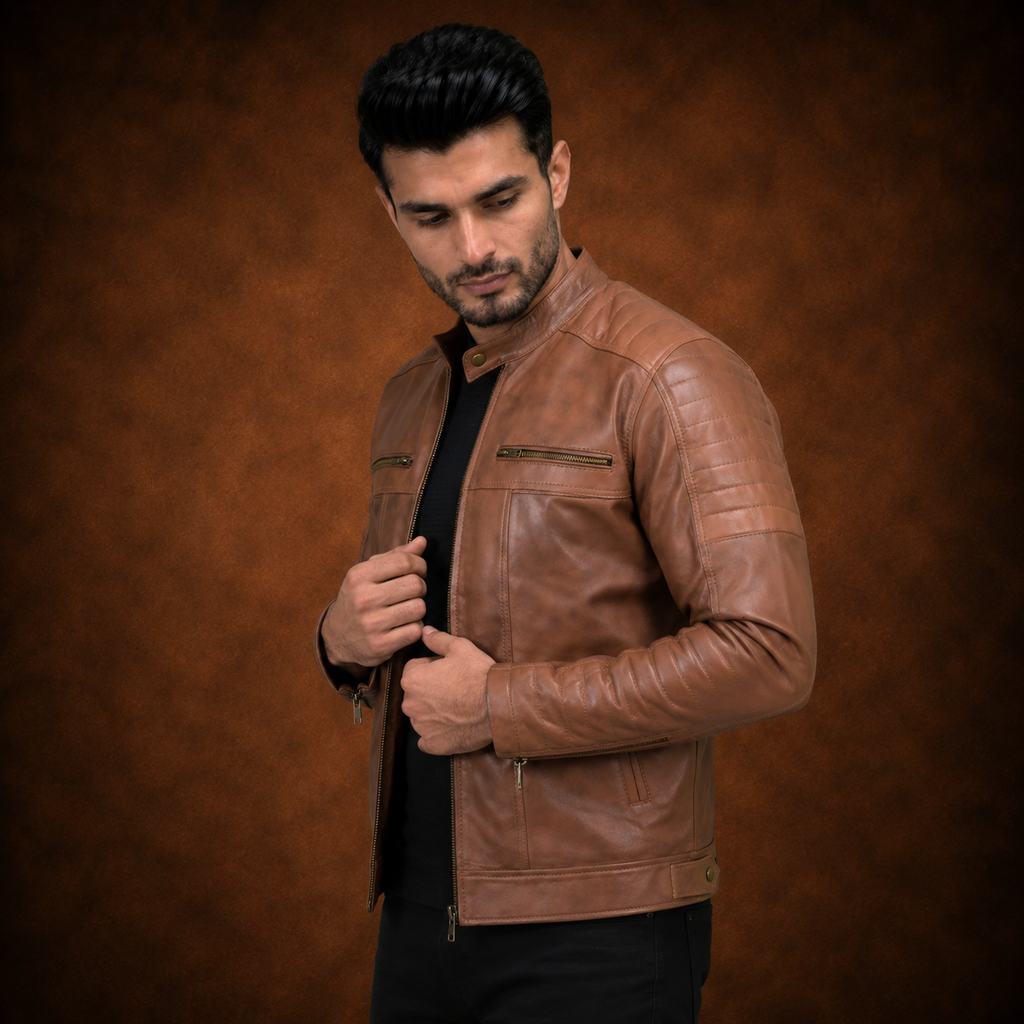 FINEHIDE MEN’S RUSTIC BROWN GENUINE LEATHER CAFE RACER JACKET FOR MEN
