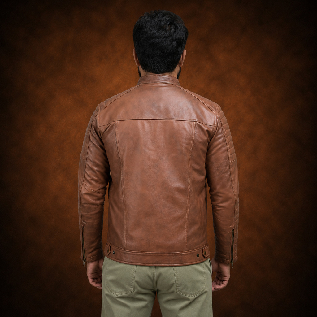 FINEHIDE MEN’S RUSTIC BROWN GENUINE LEATHER CAFE RACER JACKET FOR MEN