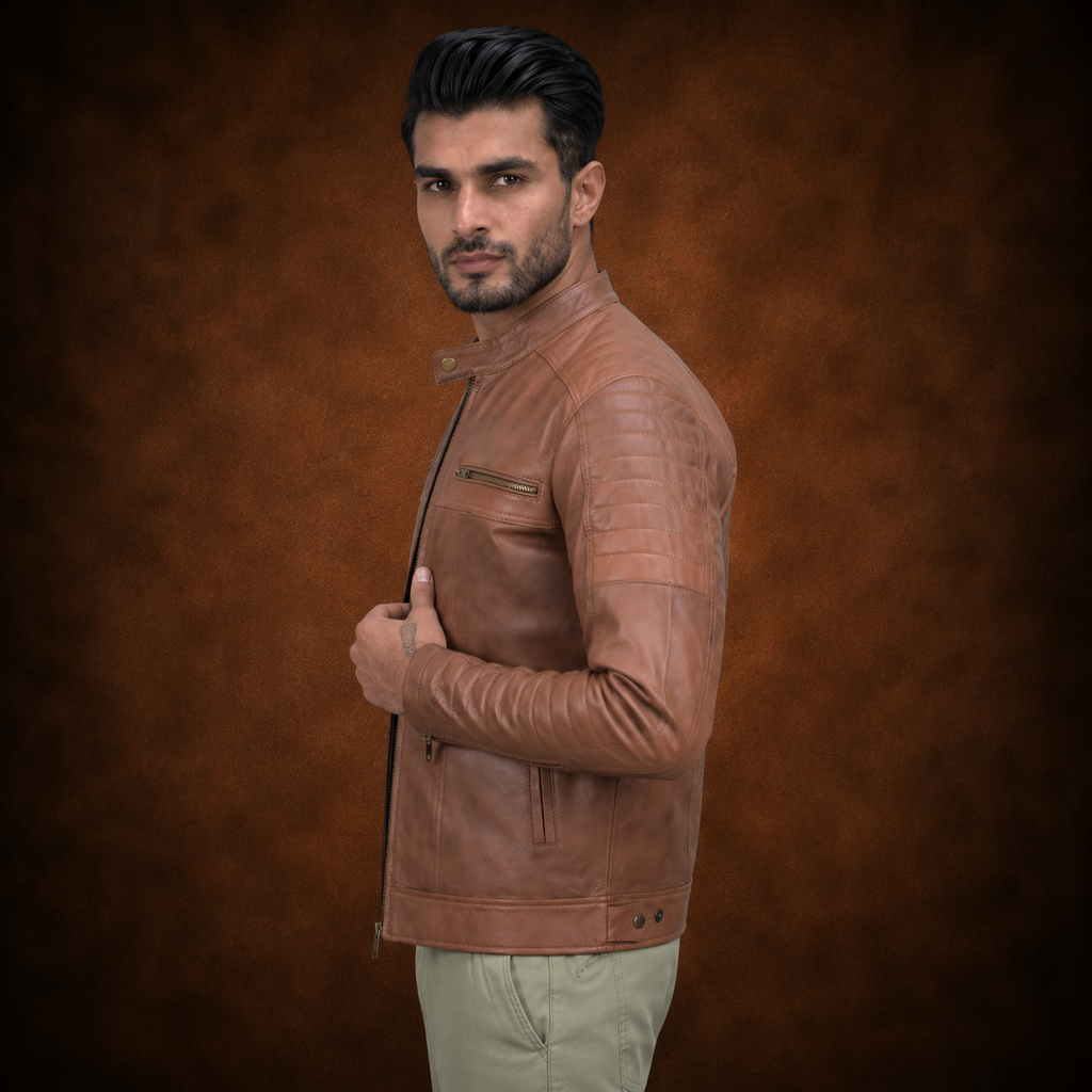 FINEHIDE MEN’S RUSTIC BROWN GENUINE LEATHER CAFE RACER JACKET FOR MEN