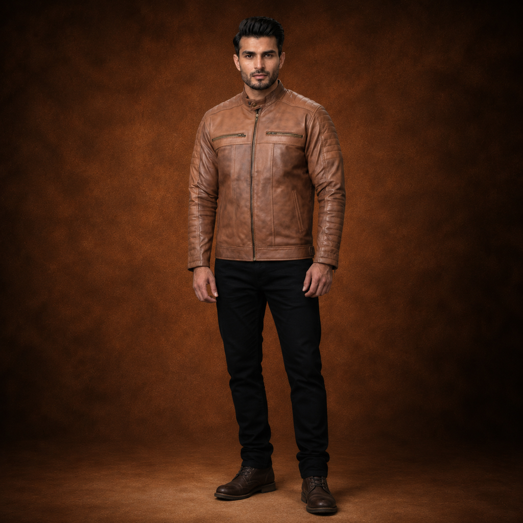 FINEHIDE MEN’S RUSTIC BROWN GENUINE LEATHER CAFE RACER JACKET FOR MEN