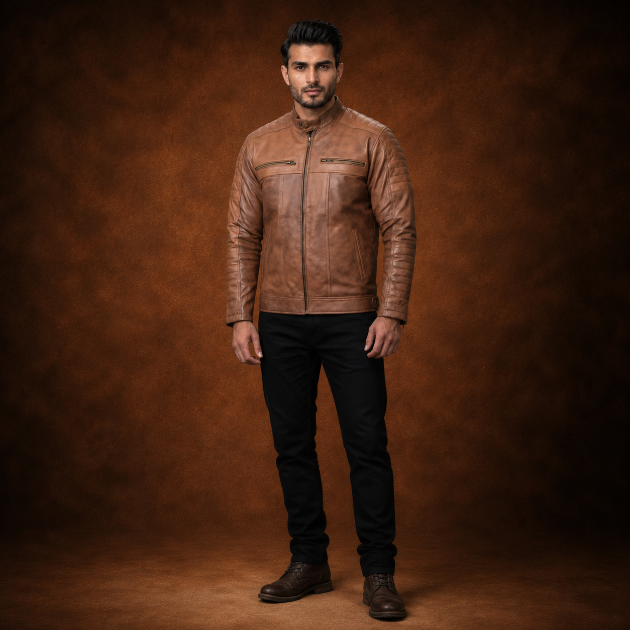 FINEHIDE MEN’S RUSTIC BROWN GENUINE LEATHER CAFE RACER JACKET FOR MEN