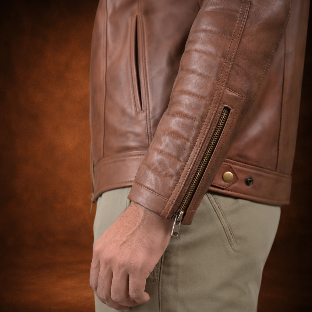 FINEHIDE MEN’S RUSTIC BROWN GENUINE LEATHER CAFE RACER JACKET FOR MEN