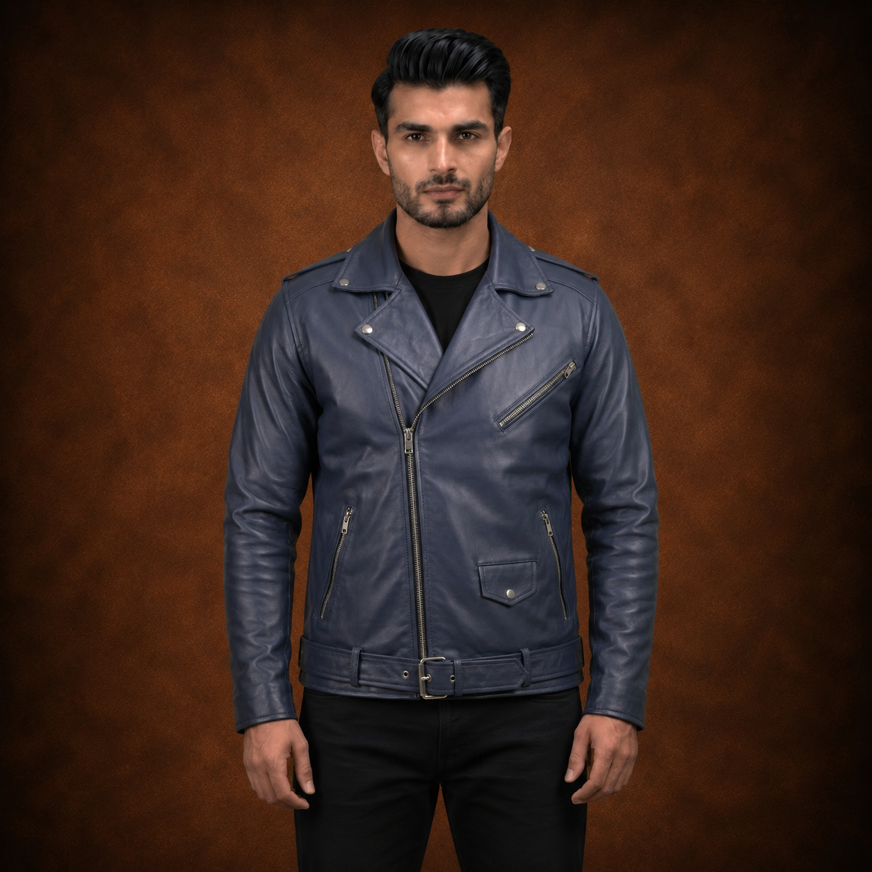 FINEHIDE MEN’S NAVY BLUE GENUINE LEATHER ASYMMETRICAL BIKER JACKET FOR MEN