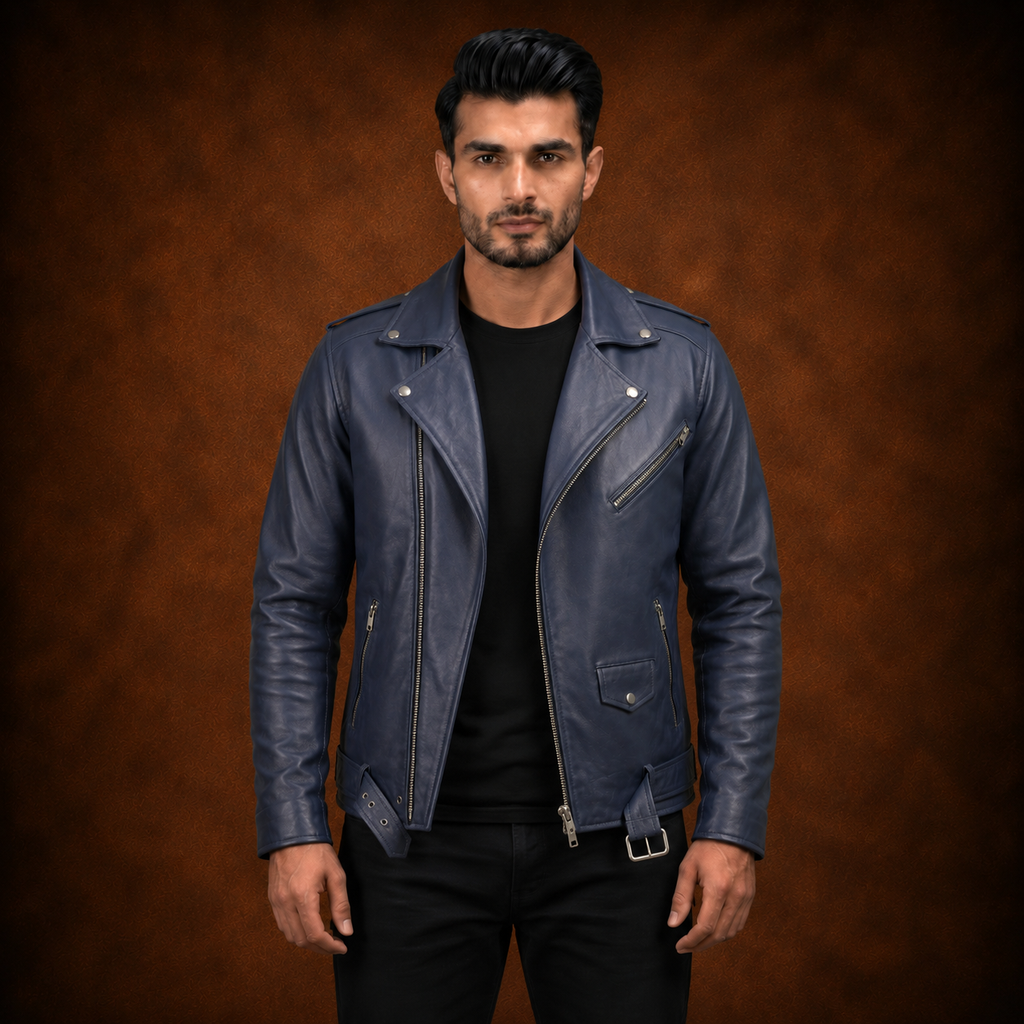 FINEHIDE MEN’S NAVY BLUE GENUINE LEATHER ASYMMETRICAL BIKER JACKET FOR MEN