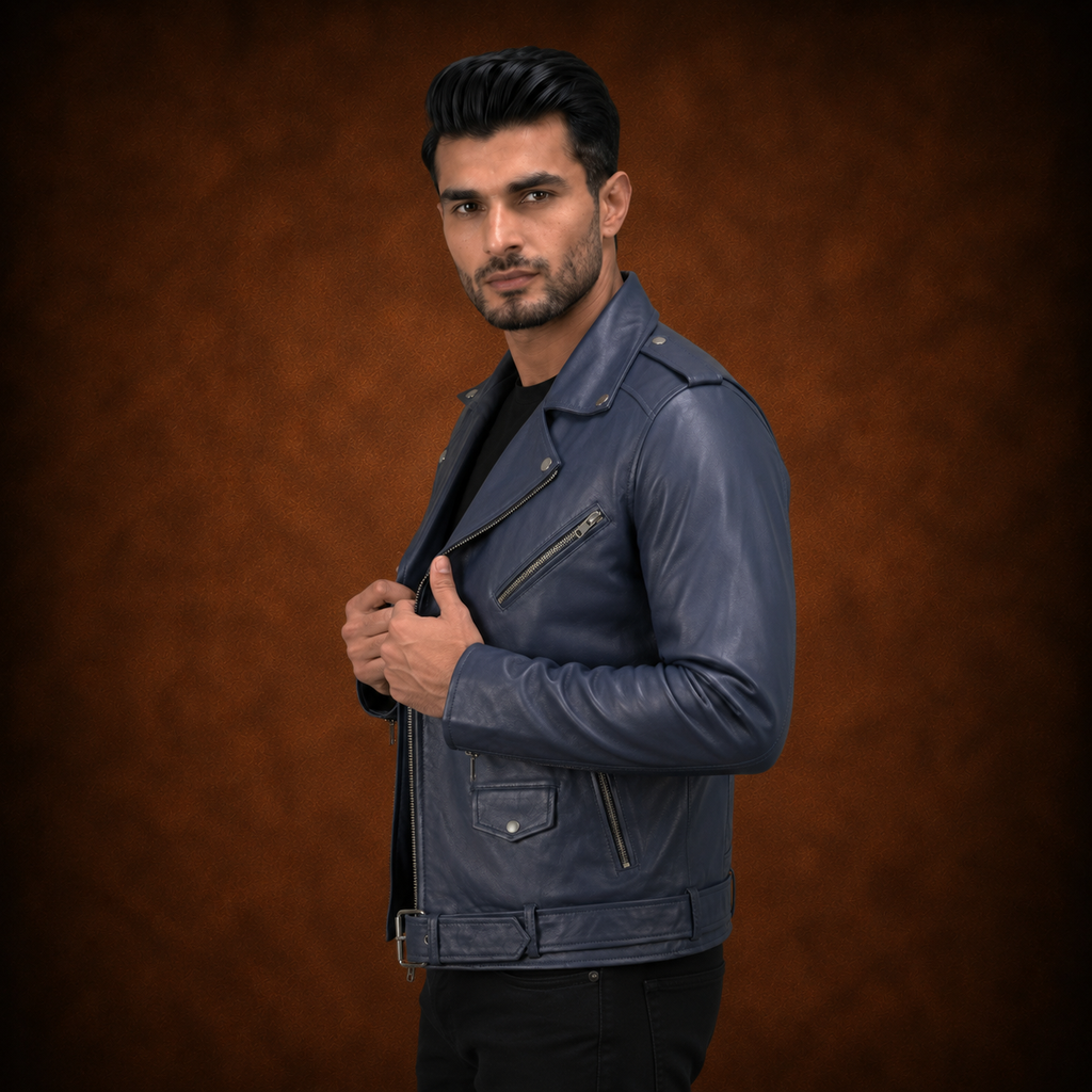 FINEHIDE MEN’S NAVY BLUE GENUINE LEATHER ASYMMETRICAL BIKER JACKET FOR MEN