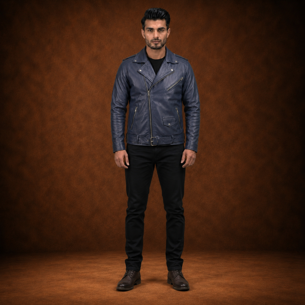 FINEHIDE MEN’S NAVY BLUE GENUINE LEATHER ASYMMETRICAL BIKER JACKET FOR MEN
