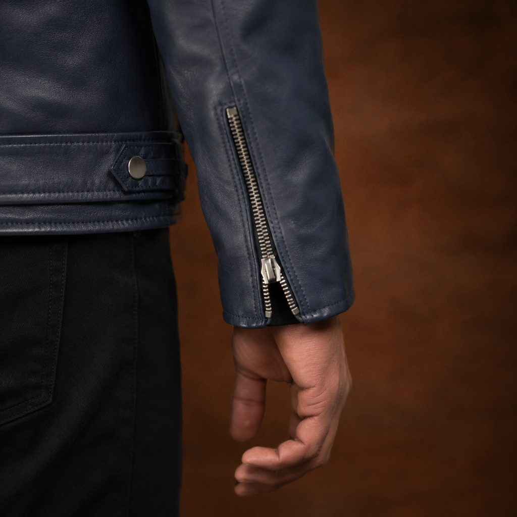FINEHIDE MEN’S NAVY BLUE GENUINE LEATHER ASYMMETRICAL BIKER JACKET FOR MEN