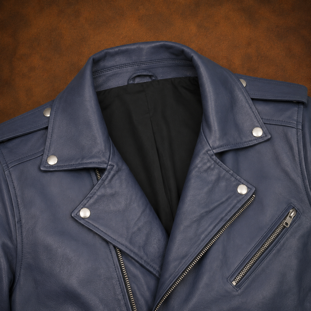 FINEHIDE MEN’S NAVY BLUE GENUINE LEATHER ASYMMETRICAL BIKER JACKET FOR MEN