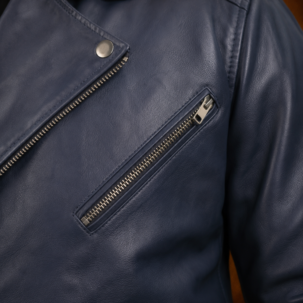 FINEHIDE MEN’S NAVY BLUE GENUINE LEATHER ASYMMETRICAL BIKER JACKET FOR MEN