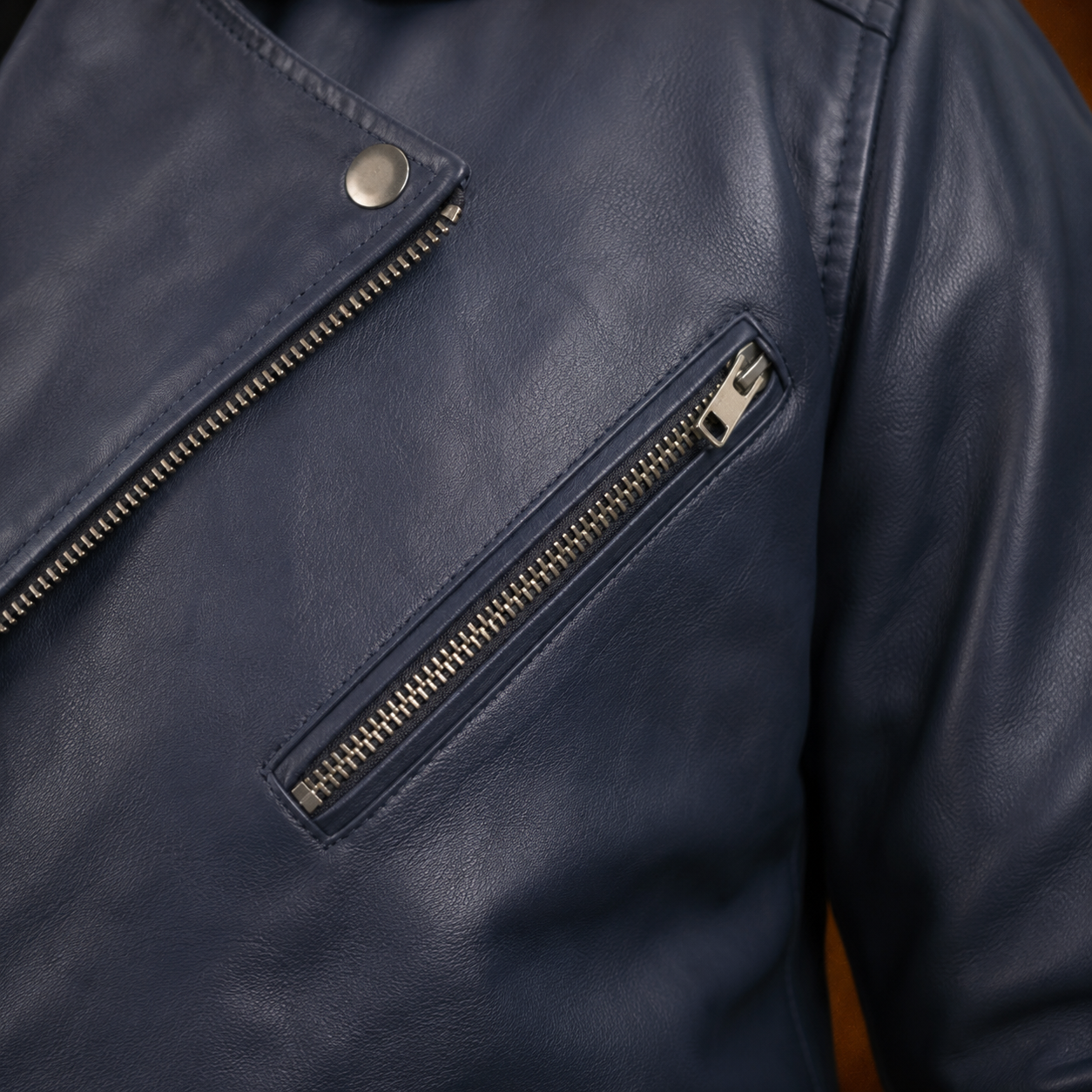 FINEHIDE MEN’S NAVY BLUE GENUINE LEATHER ASYMMETRICAL BIKER JACKET FOR MEN
