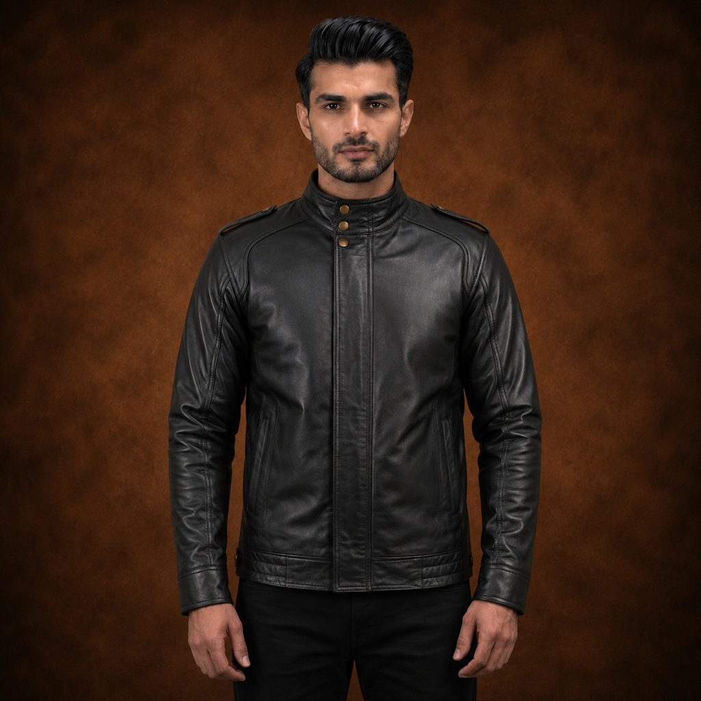 FINEHIDE MEN’S BLACK GENUINE LEATHER JACKET WITH HIGH COLLAR & SNAP BUTTONS FOR MENFINEHIDE  HIGH-NECK BLACK GENUINE LEATHER JACKET FOR MEN