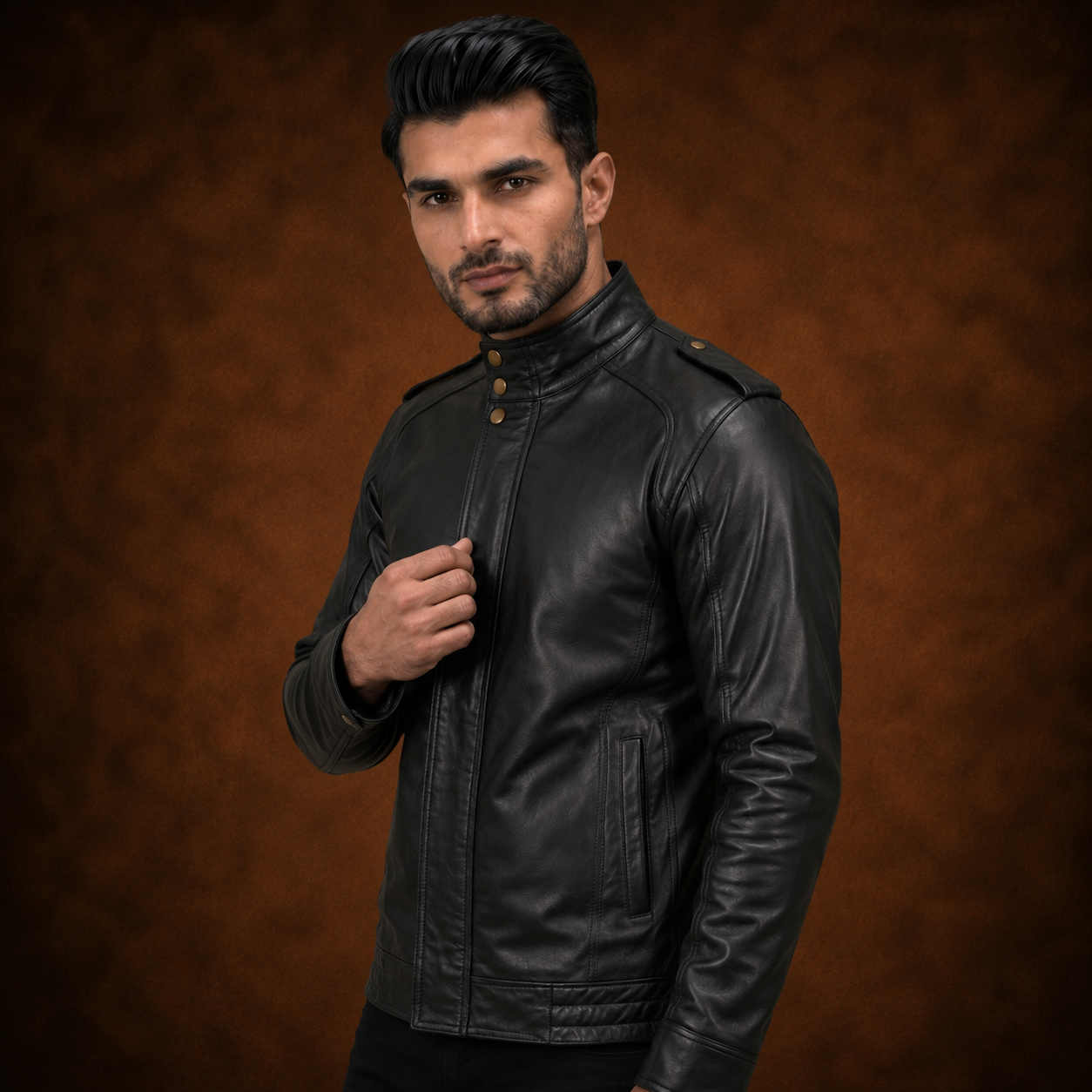 FINEHIDE MEN’S BLACK GENUINE LEATHER JACKET WITH HIGH COLLAR & SNAP BUTTONS FOR MENFINEHIDE  HIGH-NECK BLACK GENUINE LEATHER JACKET FOR MEN