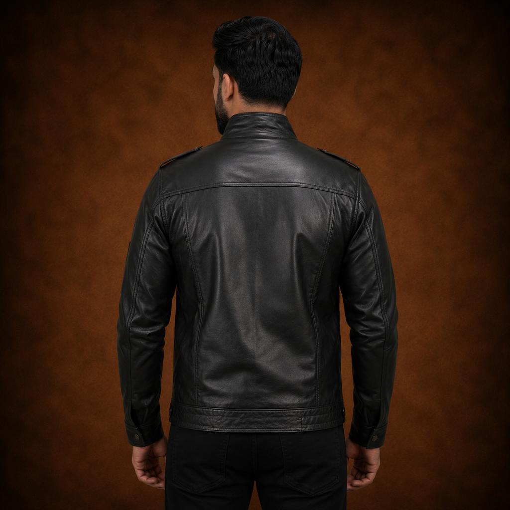 FINEHIDE MEN’S BLACK GENUINE LEATHER JACKET WITH HIGH COLLAR & SNAP BUTTONS FOR MENFINEHIDE  HIGH-NECK BLACK GENUINE LEATHER JACKET FOR MEN