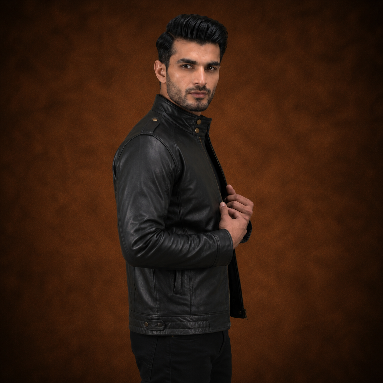 FINEHIDE MEN’S BLACK GENUINE LEATHER JACKET WITH HIGH COLLAR & SNAP BUTTONS FOR MENFINEHIDE  HIGH-NECK BLACK GENUINE LEATHER JACKET FOR MEN