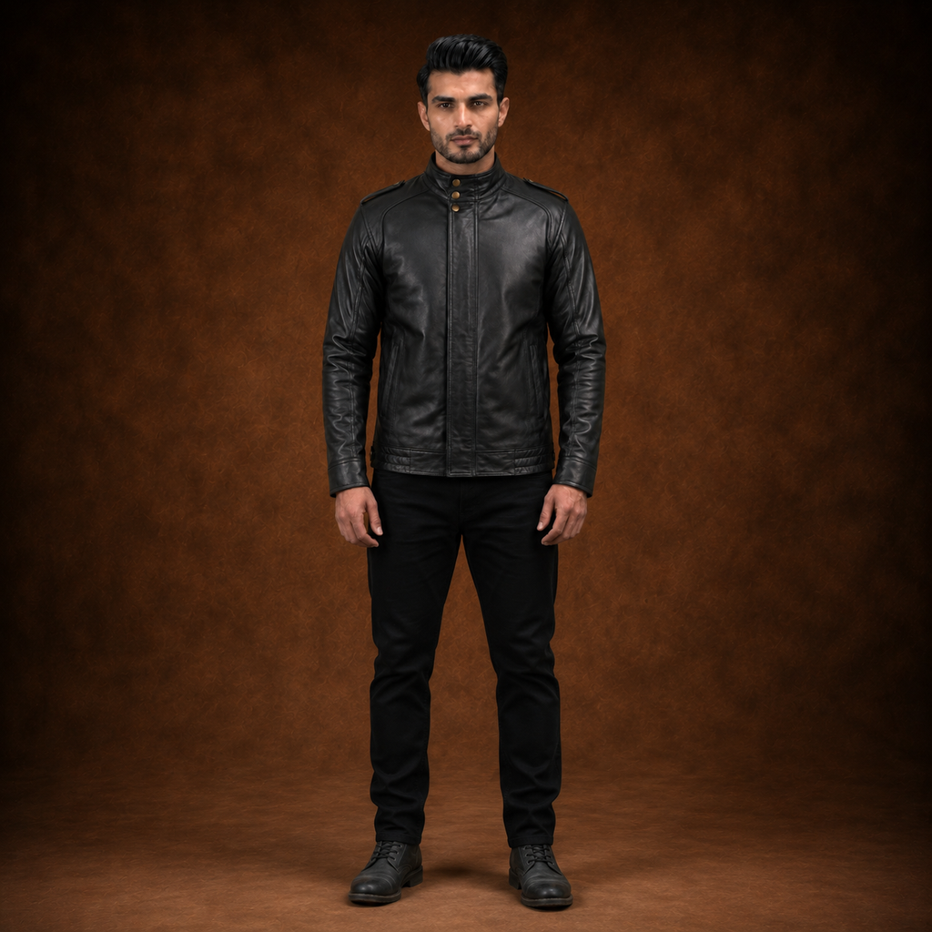 FINEHIDE MEN’S BLACK GENUINE LEATHER JACKET WITH HIGH COLLAR & SNAP BUTTONS FOR MENFINEHIDE  HIGH-NECK BLACK GENUINE LEATHER JACKET FOR MEN
