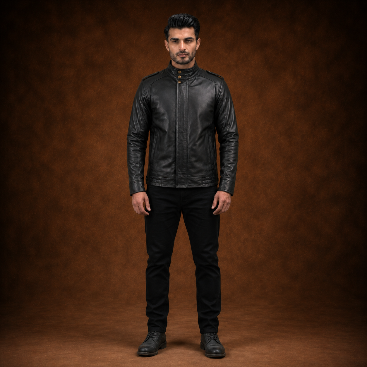 FINEHIDE MEN’S BLACK GENUINE LEATHER JACKET WITH HIGH COLLAR & SNAP BUTTONS FOR MENFINEHIDE  HIGH-NECK BLACK GENUINE LEATHER JACKET FOR MEN